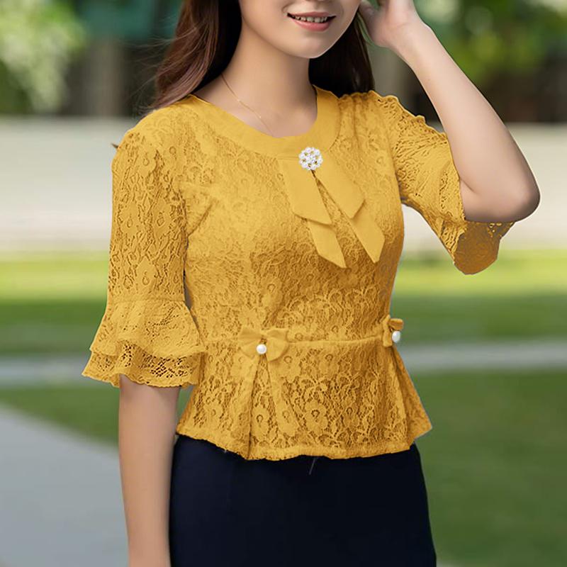 ZANZEA Damen Sommer Rundhals Halbarm Spitze Patchwork Bluse L gelb von Joom DACH