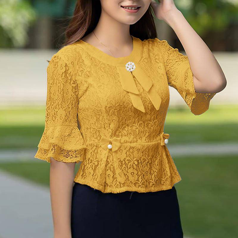 ZANZEA Damen Sommer Rundhals Halbarm Spitze Patchwork Bluse L gelb von Joom DACH