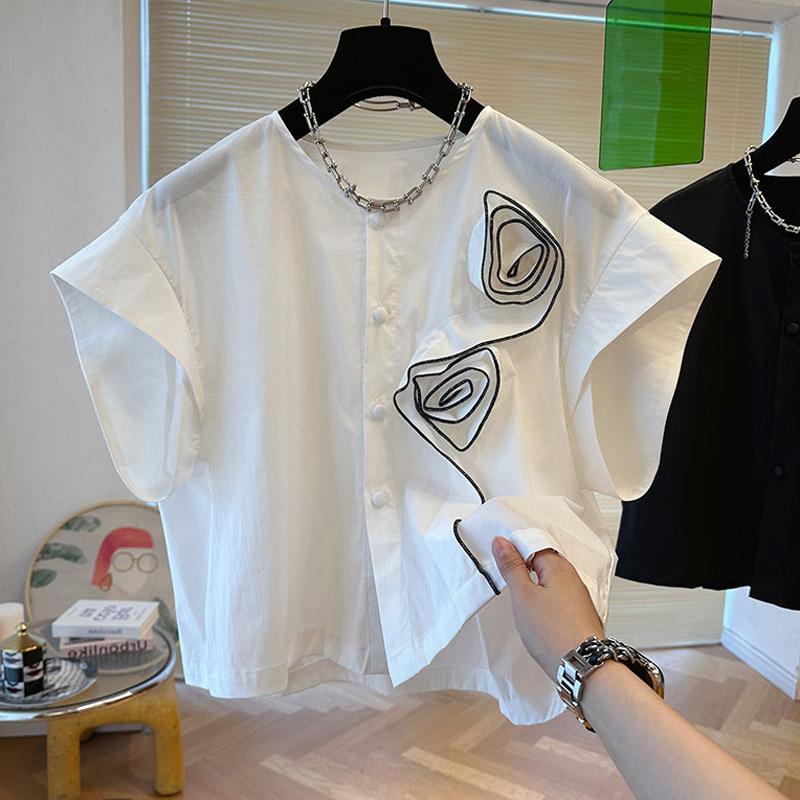 ZANZEA Damen-Sommer-Rundhals-Kurzarmbluse mit dreidimensionalen, mit Blumen verzierten Knöpfen, einfarbig, lockere Bluse 2XL weiß von Joom DACH