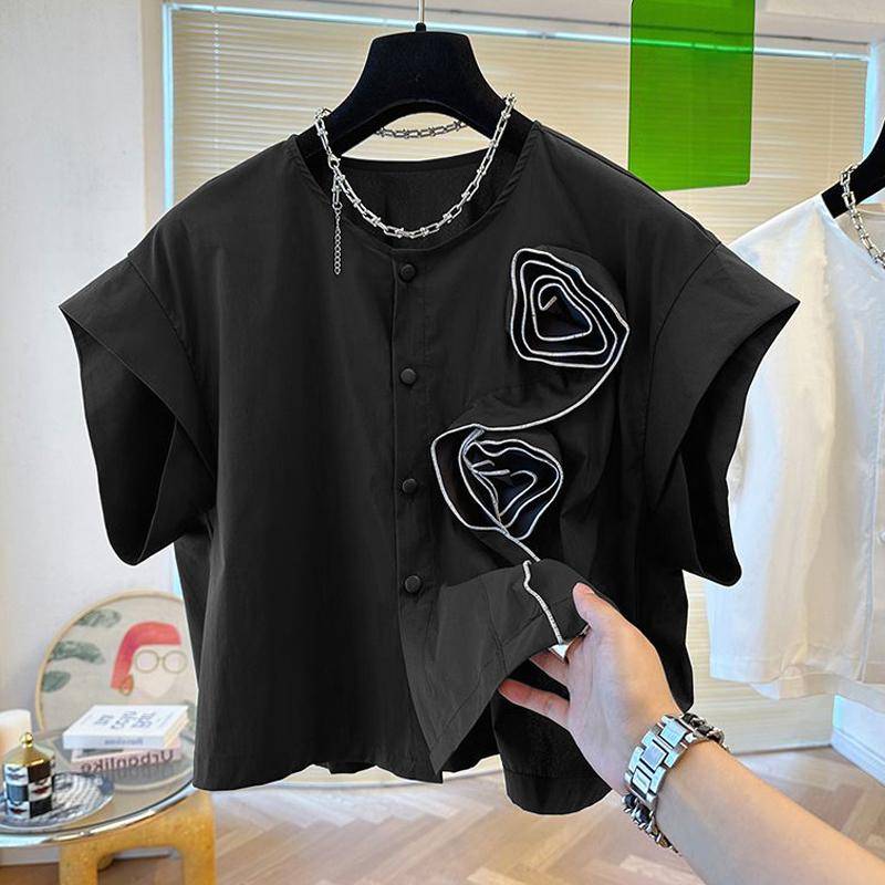 ZANZEA Damen-Sommer-Rundhals-Kurzarmbluse mit dreidimensionalen, mit Blumen verzierten Knöpfen, einfarbig, lockere Bluse 4XL schwarz von Joom DACH