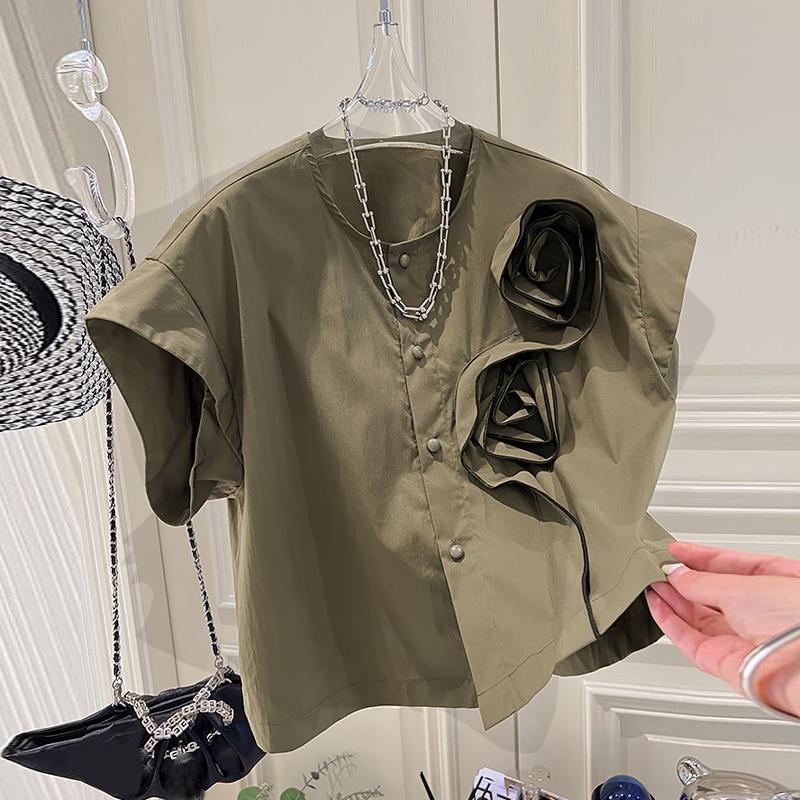 ZANZEA Damen-Sommer-Rundhals-Kurzarmbluse mit dreidimensionalen, mit Blumen verzierten Knöpfen, einfarbig, lockere Bluse 5XL khaki von Joom DACH