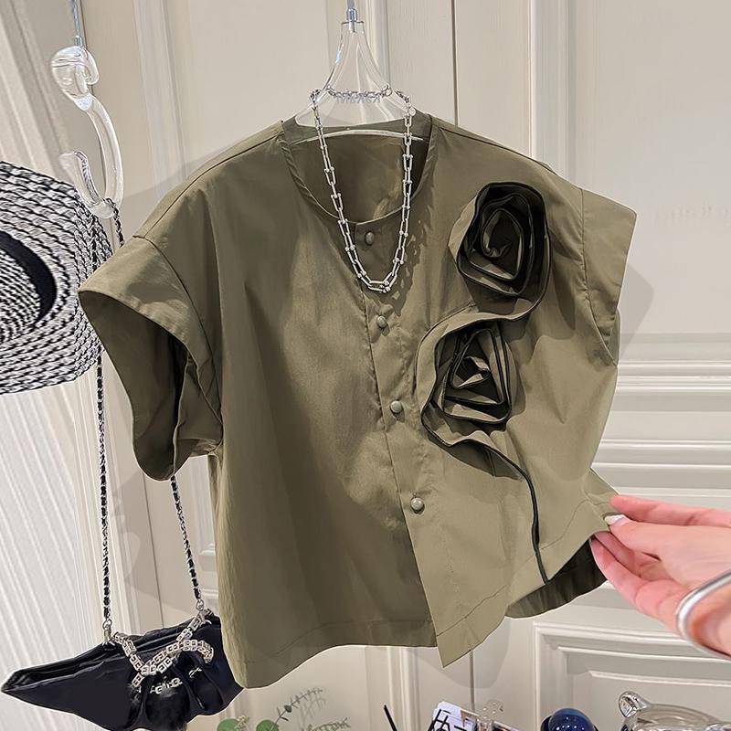 ZANZEA Damen-Sommer-Rundhals-Kurzarmbluse mit dreidimensionalen, mit Blumen verzierten Knöpfen, einfarbig, lockere Bluse 4XL khaki von Joom DACH