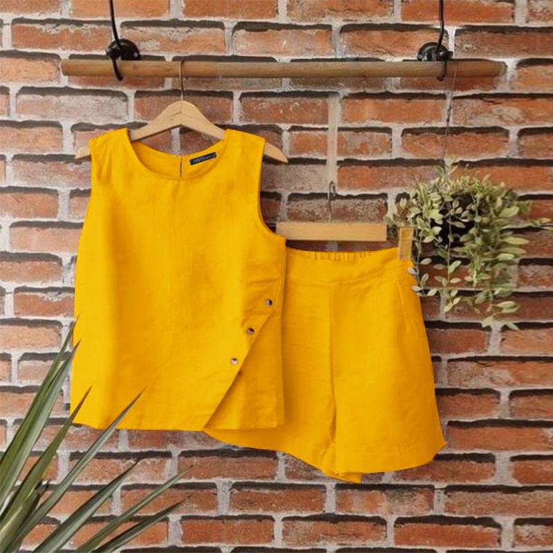 ZANZEA Damen-Sommer-Rundhalsausschnitt, ärmellos, Knopftaschen, einfarbig, lockere Oberteile und Shorts, zweiteiliges Set S gelb ZANZEA Damen-Sommer-Rundhalsausschnitt, ärmellos, Knopftaschen, einfarbig, lockere Oberteile und Shorts, zweiteiliges Set S gelb von Joom DACH