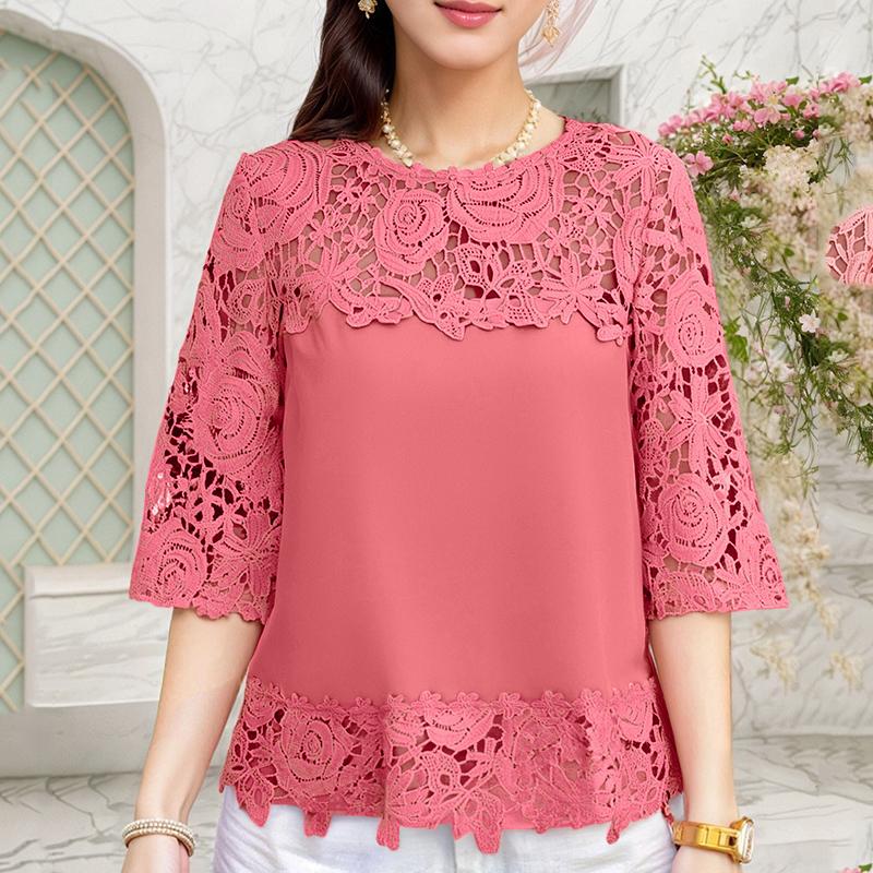 ZANZEA Damen Sommer Spitze Häkel Patchwork 3/4 Ärmel Casual Bluse cameo rosa von Joom DACH