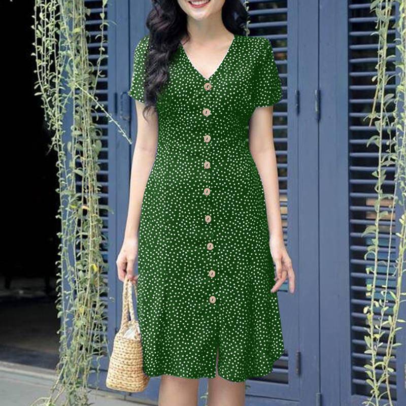 ZANZEA Damen Sommer V-Ausschnitt Kurzarm Lässiges Kleid mit Polka Dot-Print 3XL grün von Joom DACH