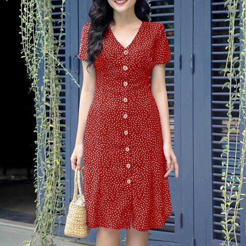 ZANZEA Damen Sommer V-Ausschnitt Kurzarm Lässiges Kleid mit Polka Dot-Print 5XL rot von Joom DACH