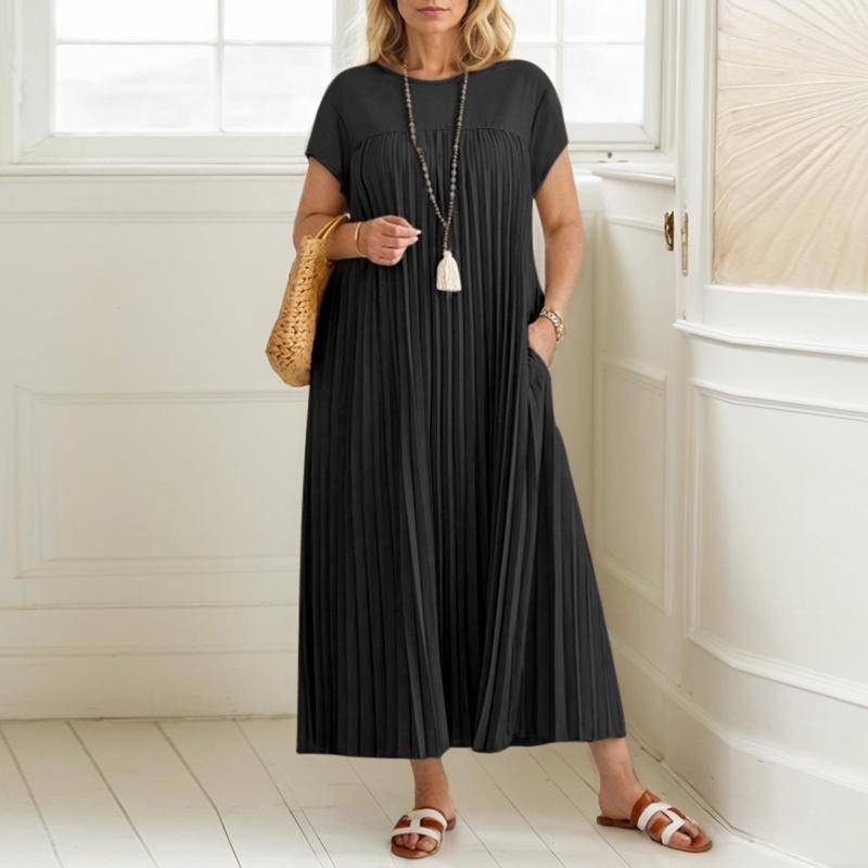 ZANZEA Damen Sommerkleid mit Rundhalsausschnitt und Falten vorne, lässig, kurzärmelig 3XL schwarz von Joom DACH