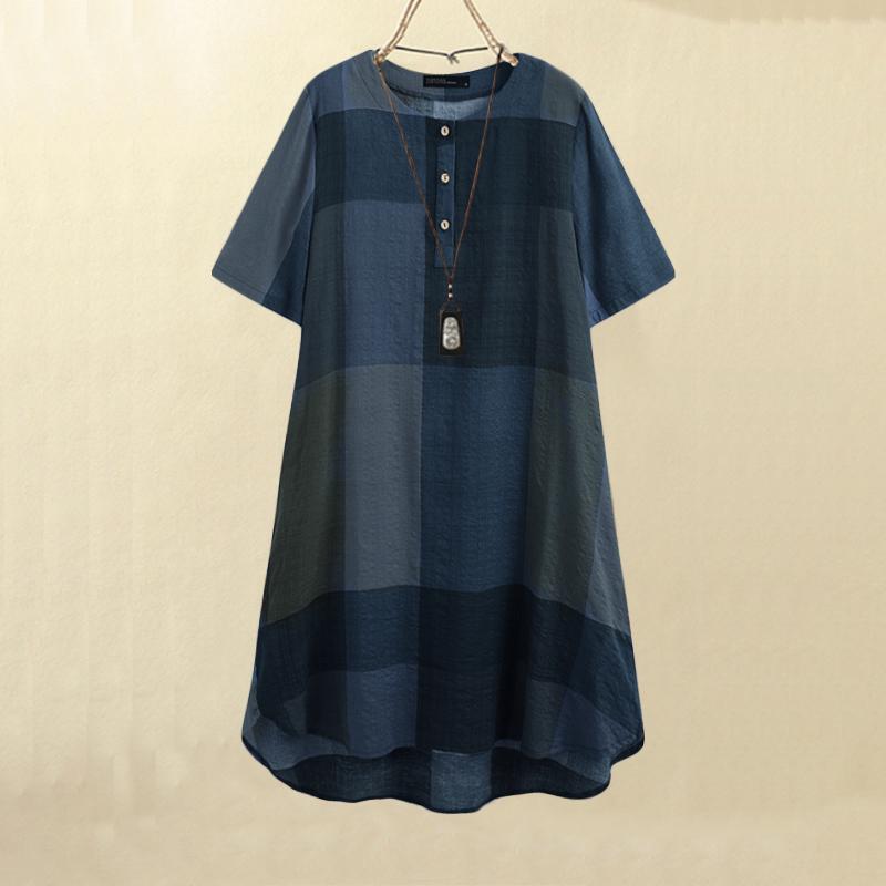 ZANZEA Damen-Sommerkleid mit kurzen Ärmeln, asymmetrischem Saum und Karomuster 5XL blau von Joom DACH