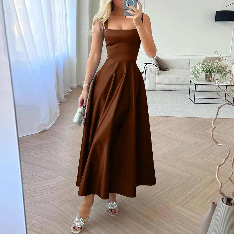 ZANZEA Damen Sommerkleid mit quadratischem Ausschnitt, ärmellos, A-Linie, langes Partykleid 4XL braun von Joom DACH