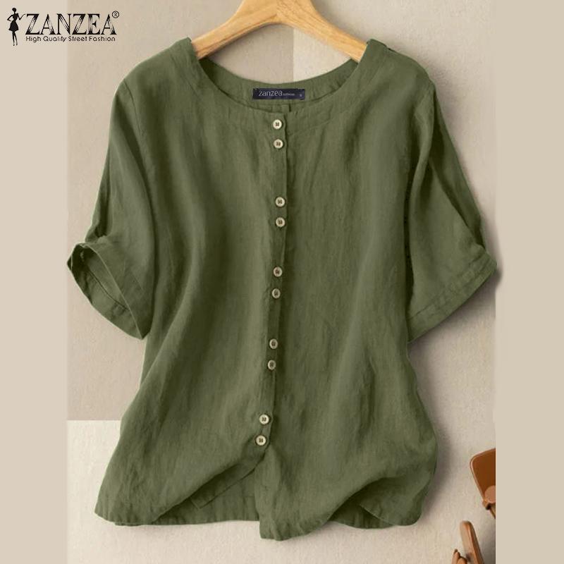 ZANZEA Damen-T-Shirt aus Baumwolle, kurzärmelig, lässig, locker, einfarbig, Basic-T-Shirt, Bluse Nr. 1 XL armee grüne von Joom DACH