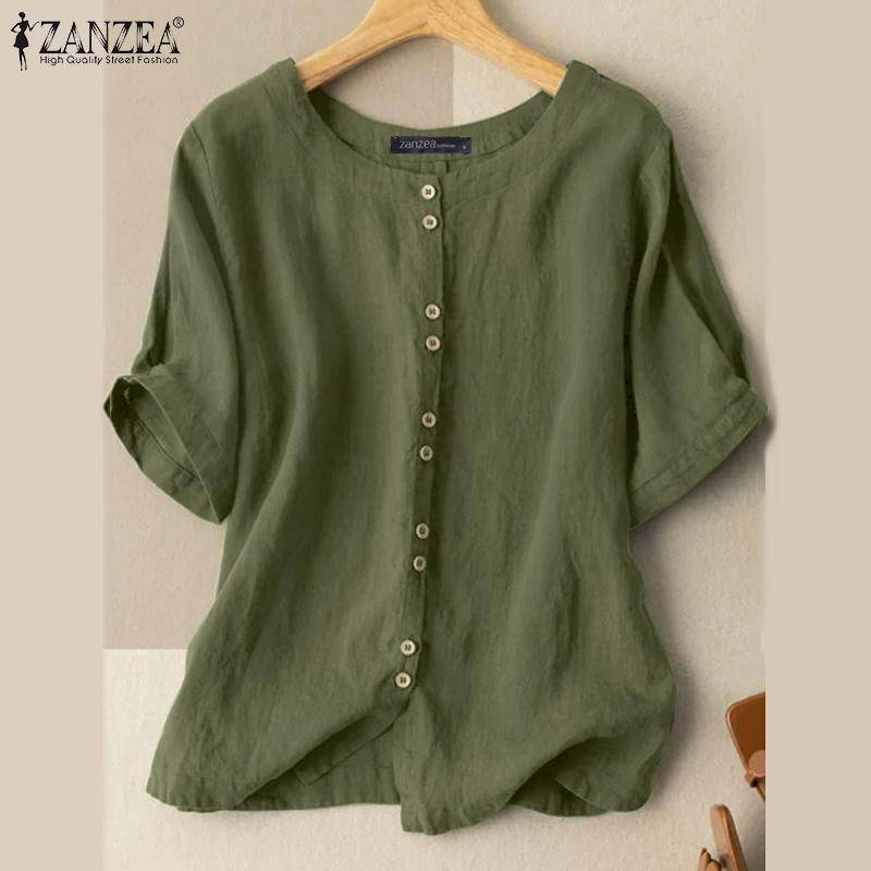ZANZEA Damen-T-Shirt aus Baumwolle, kurzärmelig, lässig, locker, einfarbig, Basic-T-Shirt, Bluse Nr. 1 XL armee grüne von Joom DACH