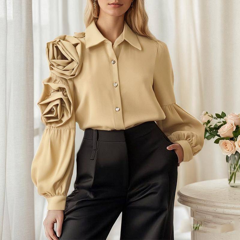 ZANZEA Damen Umlegekragen Lässig 3D Blumen Patchwork Langarm Bluse 5XL von Joom DACH