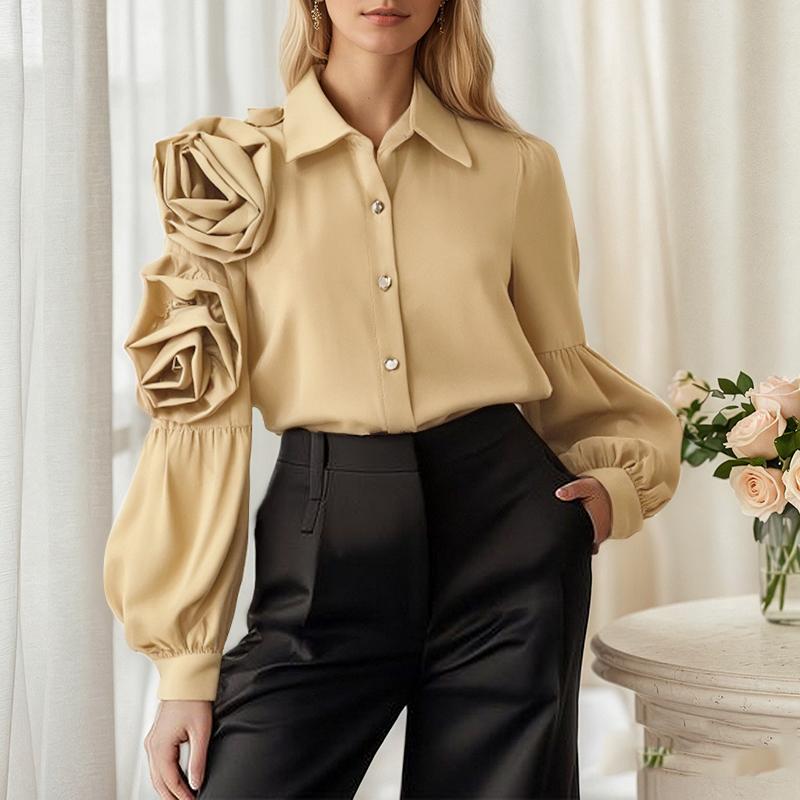 ZANZEA Damen Umlegekragen Lässig 3D Blumen Patchwork Langarm Bluse XL khaki von Joom DACH
