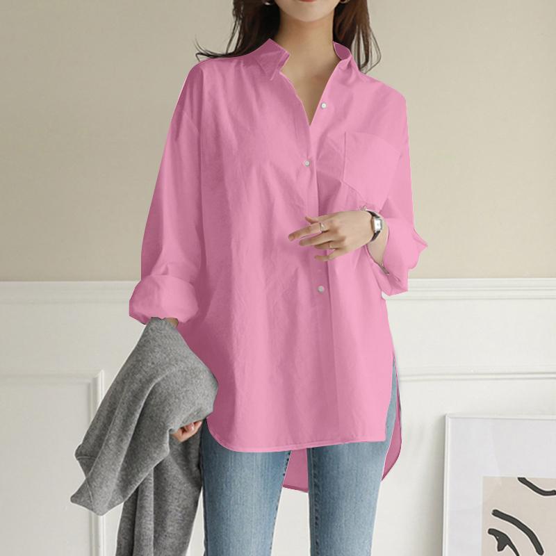 ZANZEA Damen Umlegekragen Locker Lässig Langarm Bluse 5XL rosa von Joom DACH