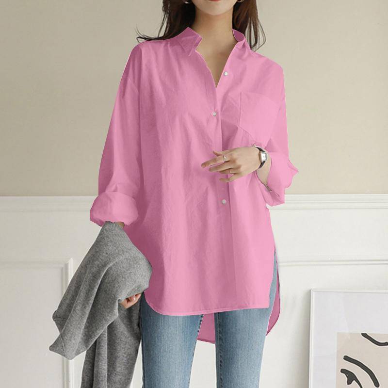 ZANZEA Damen Umlegekragen Locker Lässig Langarm Bluse 5XL rosa von Joom DACH