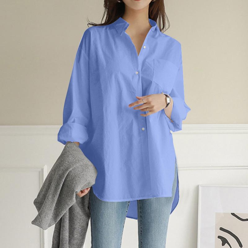 ZANZEA Damen Umlegekragen Locker Lässig Langarm Bluse L blau von Joom DACH