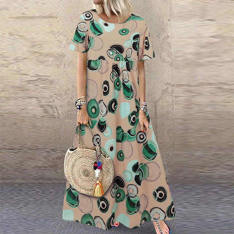 ZANZEA Damen Vintage Print Lässige Sommerkleider mit kurzen Ärmeln und Rundhalsausschnitt L grün von Joom DACH