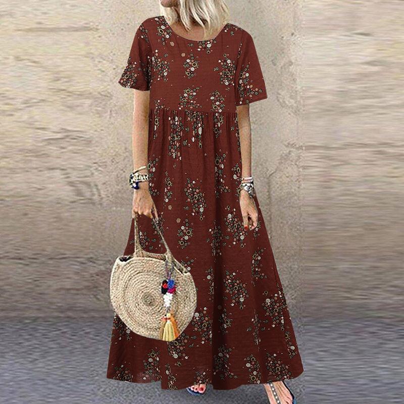 ZANZEA Damen Vintage Print Lässige Sommerkleider mit kurzen Ärmeln und Rundhalsausschnitt L rot von Joom DACH