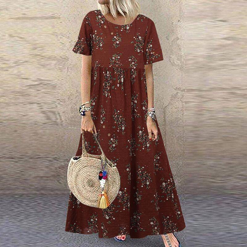 ZANZEA Damen Vintage Print Lässige Sommerkleider mit kurzen Ärmeln und Rundhalsausschnitt L rot von Joom DACH