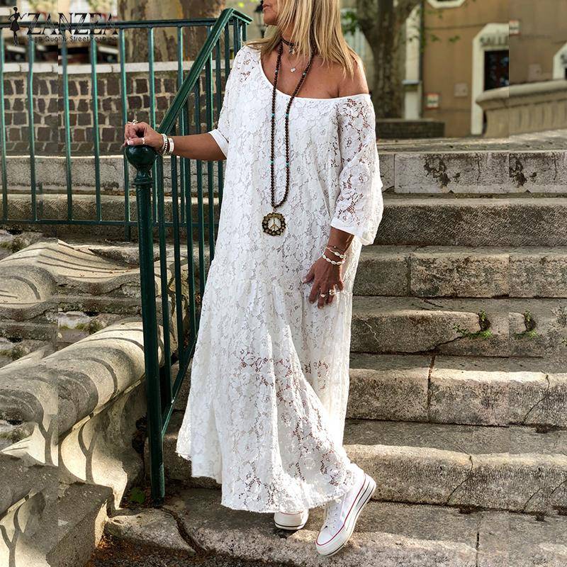 ZANZEA Damen schulterfreies, halbärmliges Spitzen-Party-Maxi-Strandkleid, Sommerkleid L schwarz von Joom DACH