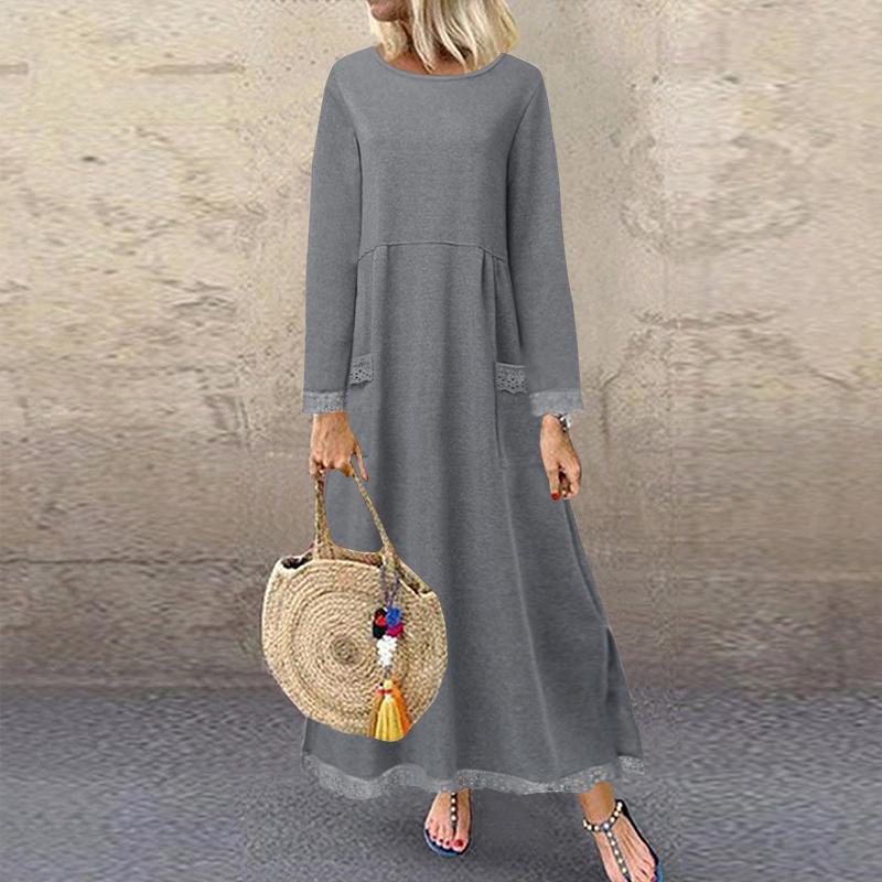 ZANZEA Herbst Winter Langes Sweatshirt Kleid Damen Casual Oansatz Langarm Spitze Patchwork 2XL licht grau von Joom DACH