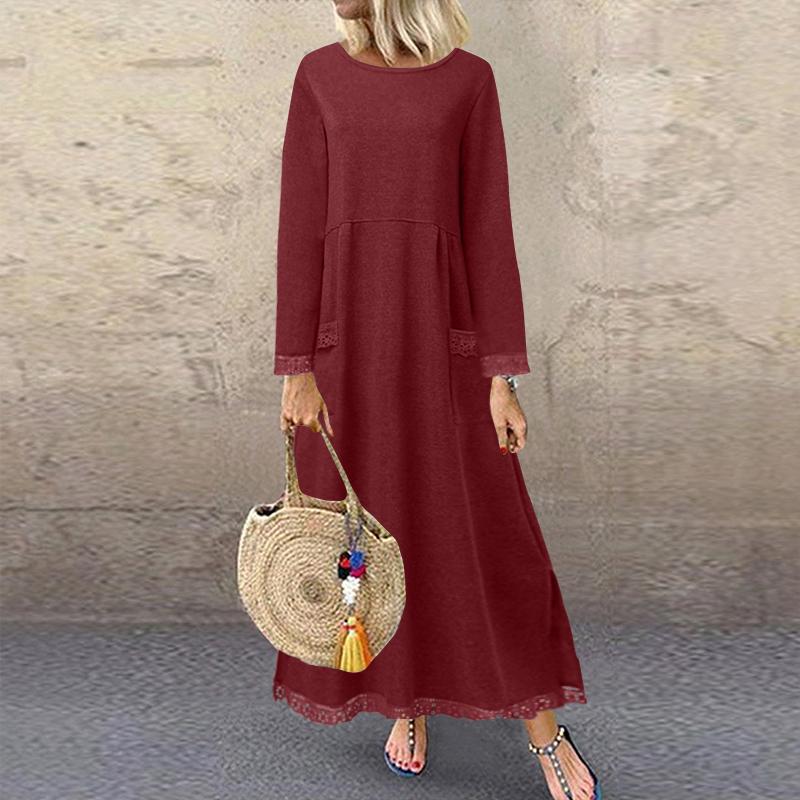 ZANZEA Herbst Winter Langes Sweatshirt Kleid Damen Casual Oansatz Langarm Spitze Patchwork 2XL rot von Joom DACH