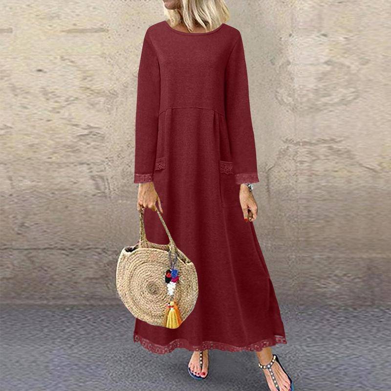 ZANZEA Herbst Winter Langes Sweatshirt Kleid Damen Casual Oansatz Langarm Spitze Patchwork 2XL rot von Joom DACH