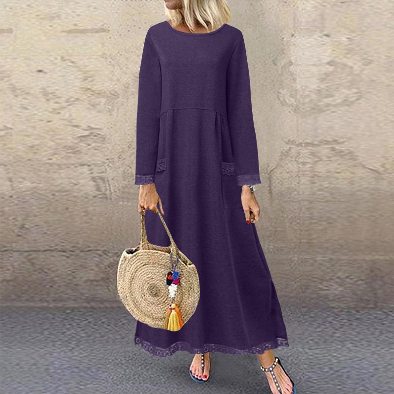 ZANZEA Herbst Winter Langes Sweatshirt Kleid Damen Casual Oansatz Langarm Spitze Patchwork 2XL violett von Joom DACH