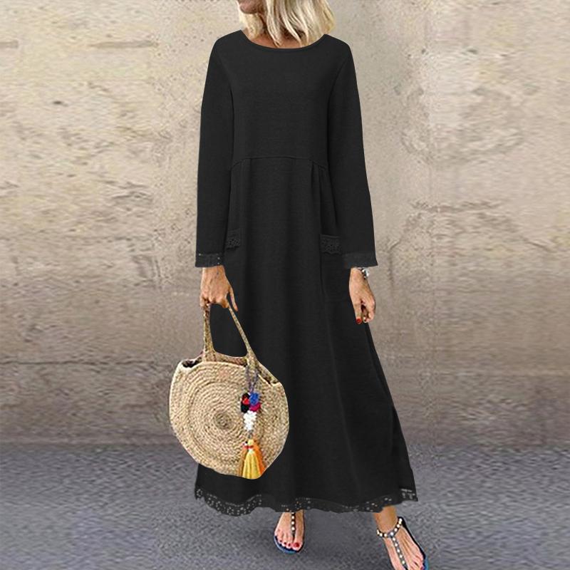 ZANZEA Herbst Winter Langes Sweatshirt Kleid Damen Casual Oansatz Langarm Spitze Patchwork 3XL schwarz von Joom DACH