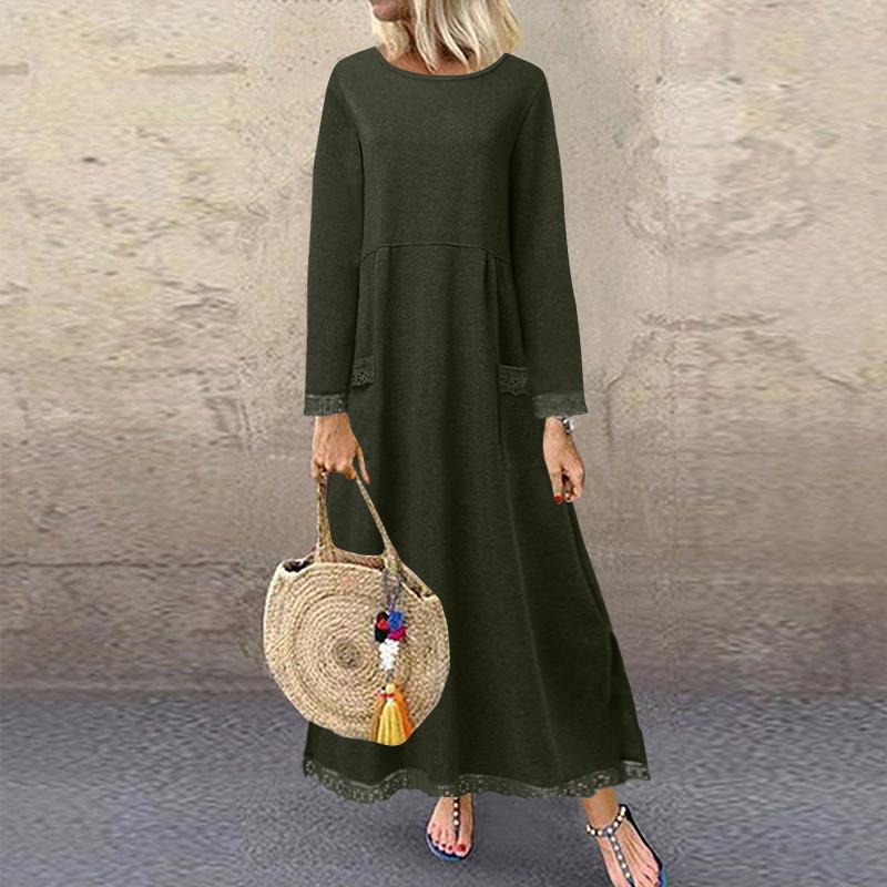 ZANZEA Herbst Winter Langes Sweatshirt Kleid Damen Casual Oansatz Langarm Spitze Patchwork XL armee grüne von Joom DACH