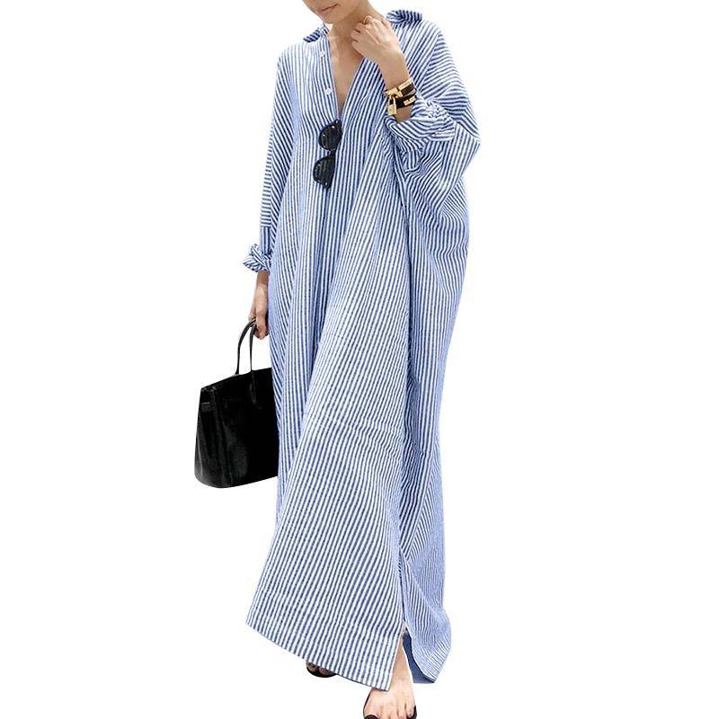 ZANZEA Koreanischer Stil Damen Langarm Button-Down-Streifen Lässiges Maxi-Hemdkleid L blau von Joom DACH