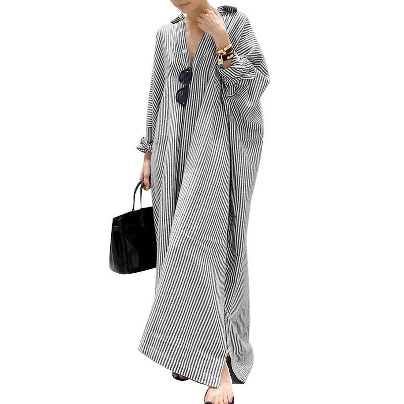 ZANZEA Koreanischer Stil Damen Langarm Button-Down-Streifen Lässiges Maxi-Hemdkleid M schwarz von Joom DACH