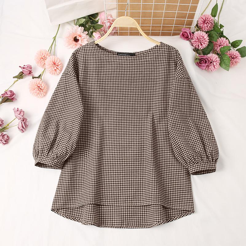 ZANZEA Lässige Damen-Bluse mit O-Ausschnitt und 3/4-Ärmeln, Karomuster 2XL braun von Joom DACH