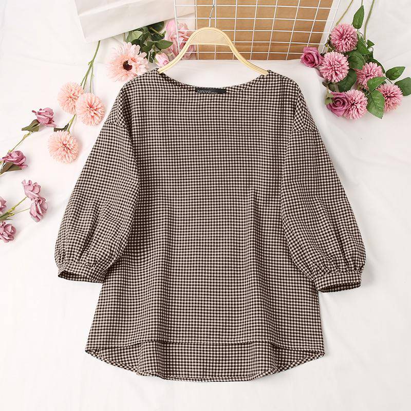 ZANZEA Lässige Damen-Bluse mit O-Ausschnitt und 3/4-Ärmeln, Karomuster 2XL braun von Joom DACH