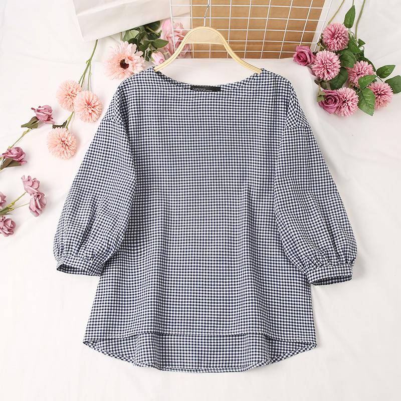 ZANZEA Lässige Damen-Bluse mit O-Ausschnitt und 3/4-Ärmeln, Karomuster 5XL dunkelblaue von Joom DACH