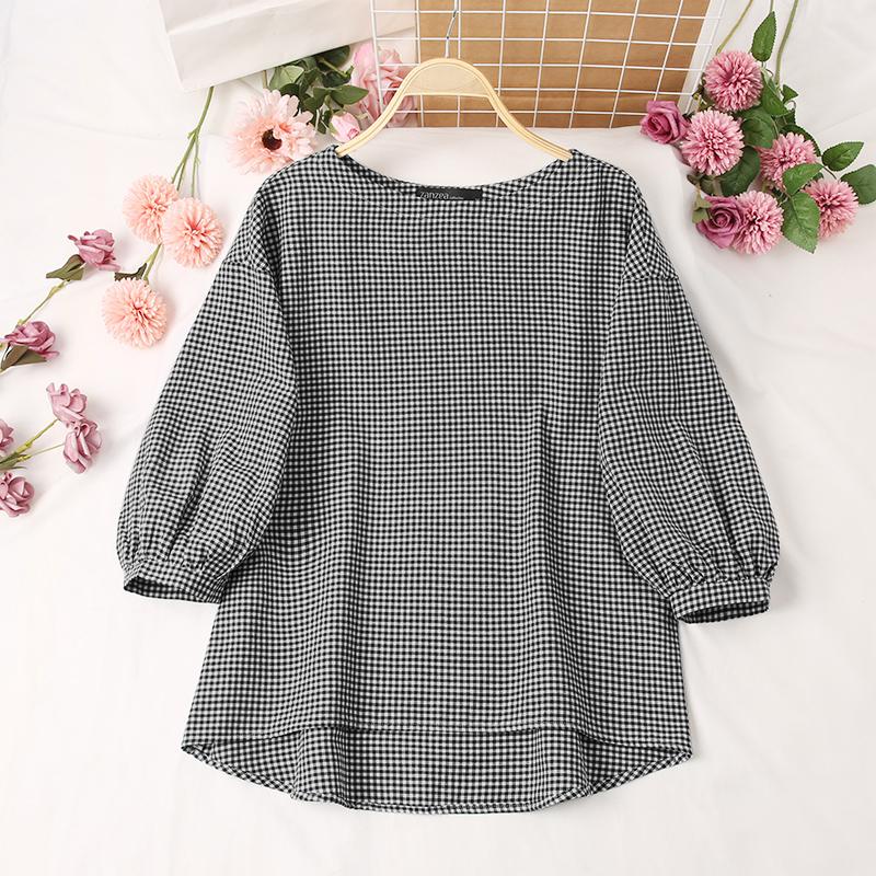ZANZEA Lässige Damen-Bluse mit O-Ausschnitt und 3/4-Ärmeln, Karomuster 5XL schwarz von Joom DACH