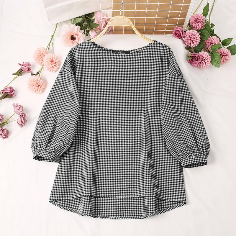 ZANZEA Lässige Damen-Bluse mit O-Ausschnitt und 3/4-Ärmeln, Karomuster 5XL schwarz von Joom DACH