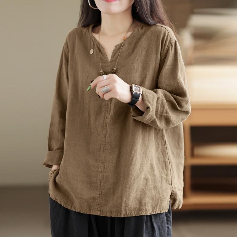 ZANZEA Lässige Damen-Bluse mit V-Ausschnitt und langen Ärmeln aus Baumwolle 4XL khaki von Joom DACH