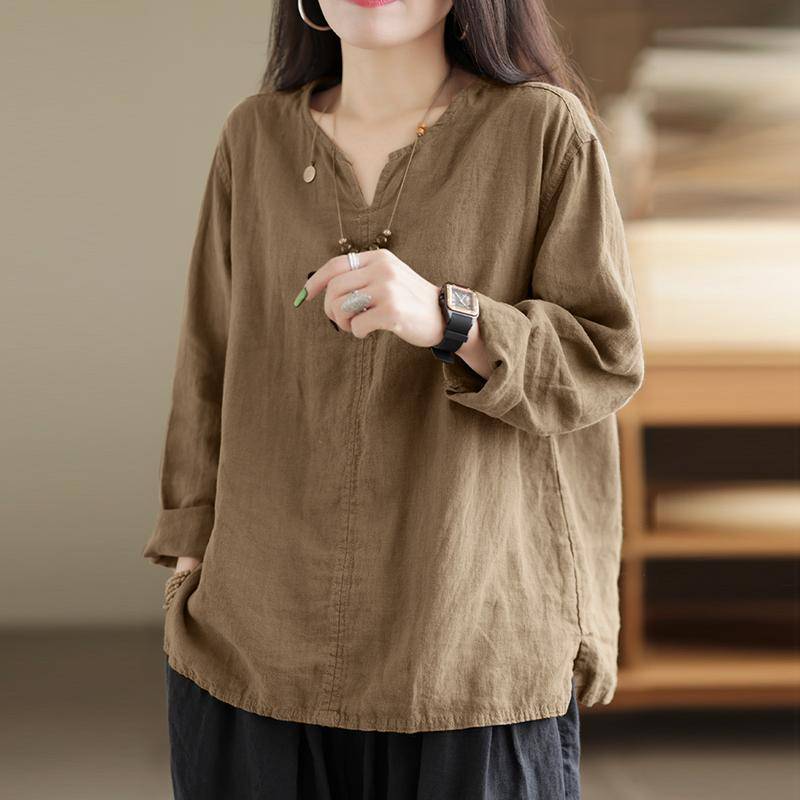 ZANZEA Lässige Damen-Bluse mit V-Ausschnitt und langen Ärmeln aus Baumwolle 4XL khaki von Joom DACH