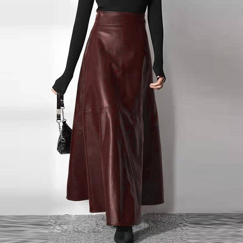 ZANZEA Lederrock mit hoher Taille für Damen, seitlicher Reißverschluss, lange Röcke aus PU-Kunstleder M dunkelrote von Joom DACH