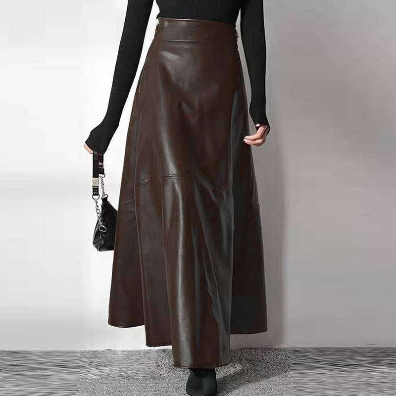 ZANZEA Lederrock mit hoher Taille für Damen, seitlicher Reißverschluss, lange Röcke aus PU-Kunstleder XL hellbraune von Joom DACH