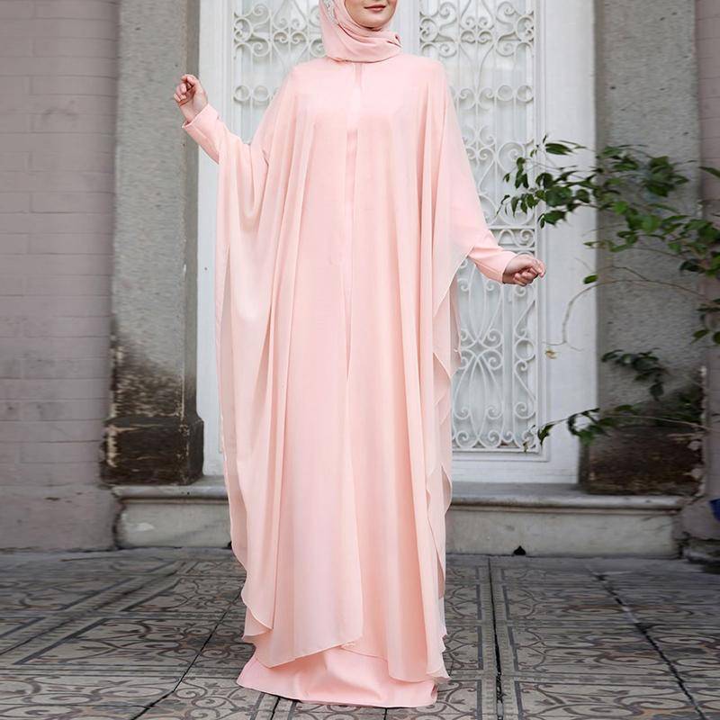 ZANZEA Muslimische Frauen Gebetskleid Frauen O-Ausschnitt Fledermausärmel Chiffon Langes Kleid Abayas Islamische Kleidung XL rosa von Joom DACH