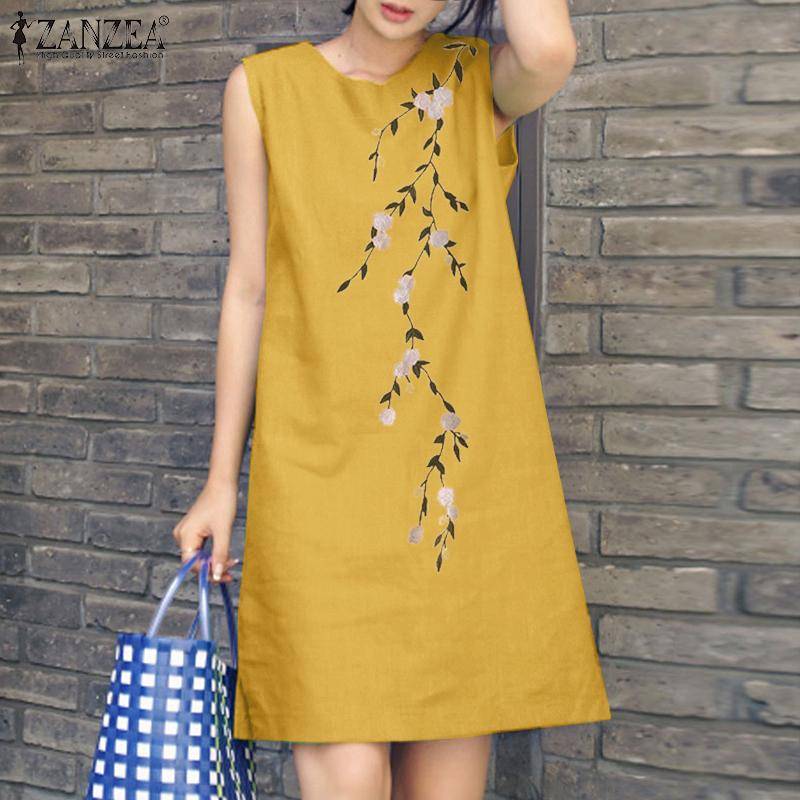 ZANZEA Sommerkleid mit lockerem, lässigem O-Ausschnitt und ärmellosem Print 5XL gelb von Joom DACH