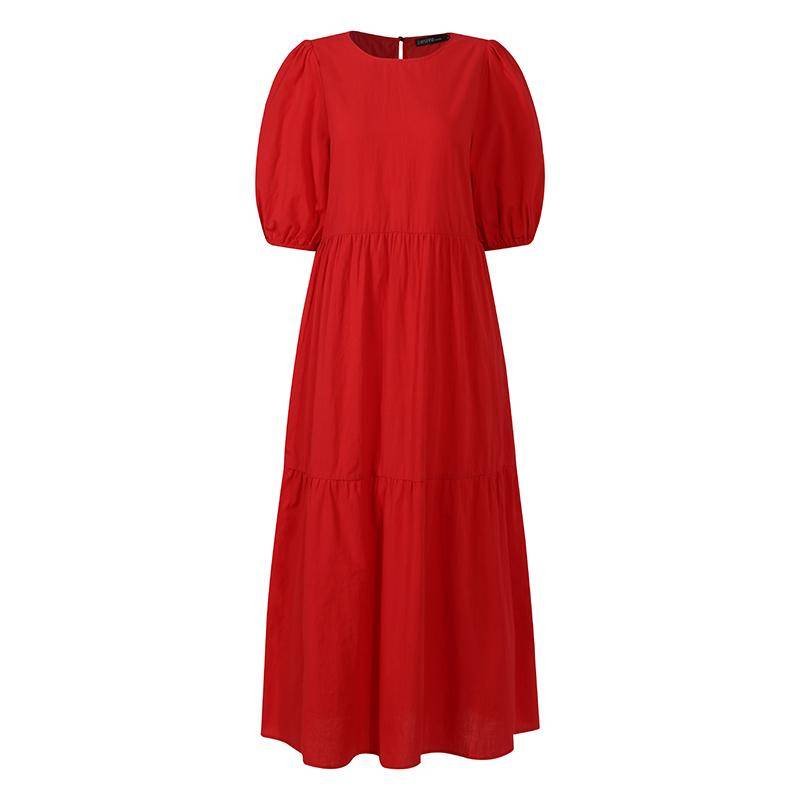 ZANZEA Vintage Damen Rundhals-Puffärmel, lässiges Plissee-Kleid, Übergröße, lockeres langes Sommerkleid, Roben 2XL rot von Joom DACH