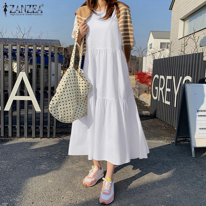 ZANZEA Vintage Damen Rundhals-Puffärmel, lässiges Plissee-Kleid, Übergröße, lockeres langes Sommerkleid, Roben 3XL weiß von Joom DACH