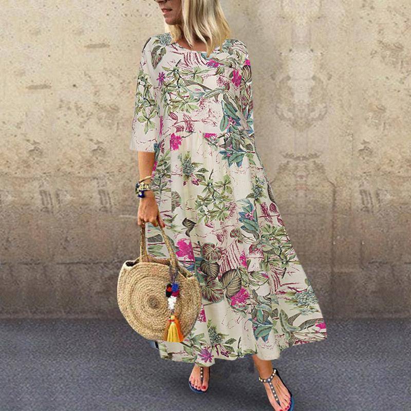 ZANZEA Vintage Plus Size Damen 3/4-Ärmel Blumendruck Lässige Tunika Lange Kleider 2XL von Joom DACH