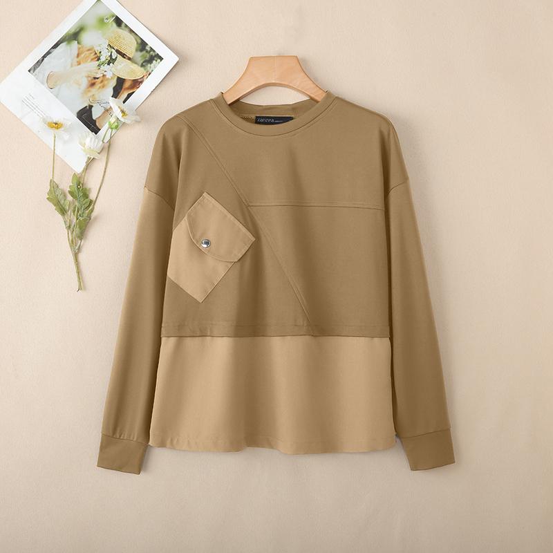 ZANZEA Women Casual Round Neck Long Sleeve Loose Patchwork Pullover Blouse 5XL khaki von Joom DACH