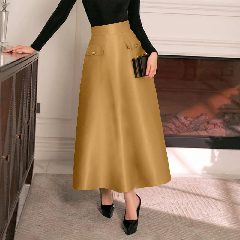ZANZEA Damen Elegante Hochtaillierte Reißverschluss Satin A-Linien Röcke 5XL khaki von Joom DACH