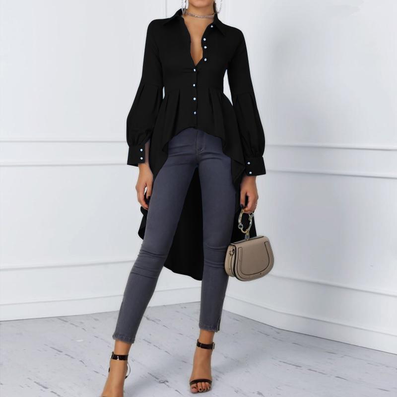 ZANZEA Damen Umlegekragen Langarm Asymmetrischer Saum A-Linien Bluse M schwarz von Joom DACH