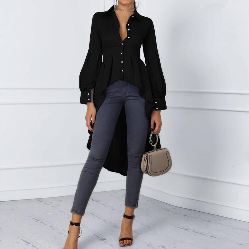 ZANZEA Damen Umlegekragen Langarm Asymmetrischer Saum A-Linien Bluse M schwarz von Joom DACH